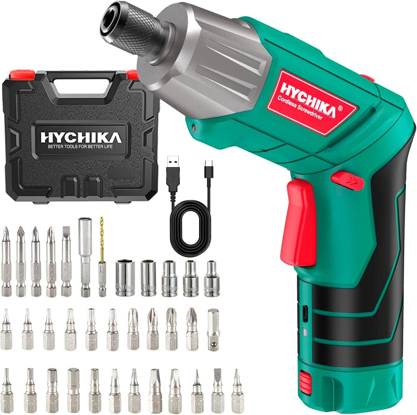 HYCHIKA Visseuse Sans Fil 6Nm, Visseuse Devisseuse sans Fil 2.0Ah 3.6V Avec 35 Accessoires, Lampe LED, Câble USB et Boîte de Rangement, Pour la Réparation et le Bricolage