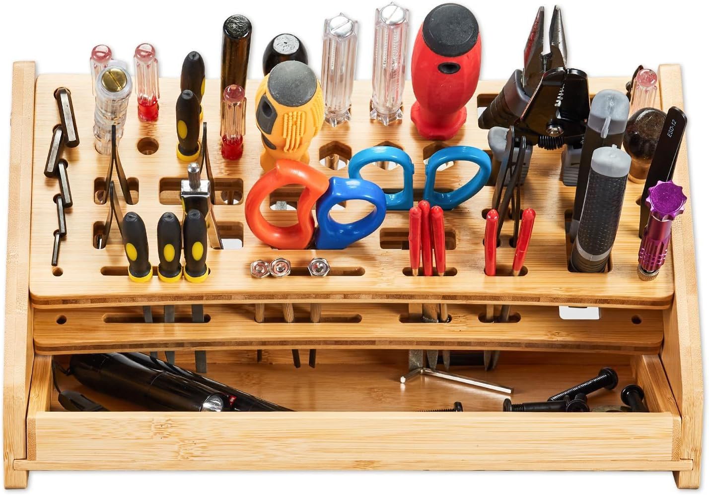Screwdriver Holder - Wooden 53-Hole Storage Stand with Tray | Hand Tool Organizer, Keeps Tools Neatly Arranged, Sturdy and Easy Access Design, Ideal for Desktop Bookshelf Garage, 31.2x17x16.5cm