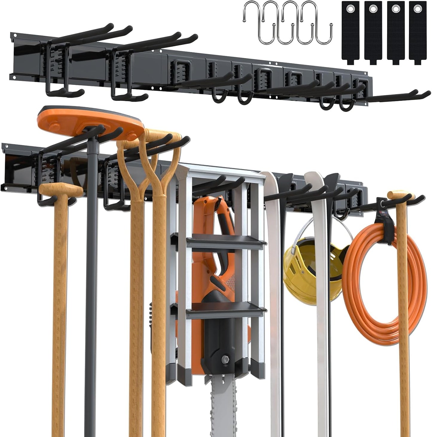 3-H Porte Outils Mural Jardin 120cm, Range Outils de Jardin en Acier Carbone avec 3 Rails & 10 Crochets de Garage Réglables & 4 Crochets S & 4 Sangles | Support Mural Modulable pour Ski Balai Râteau