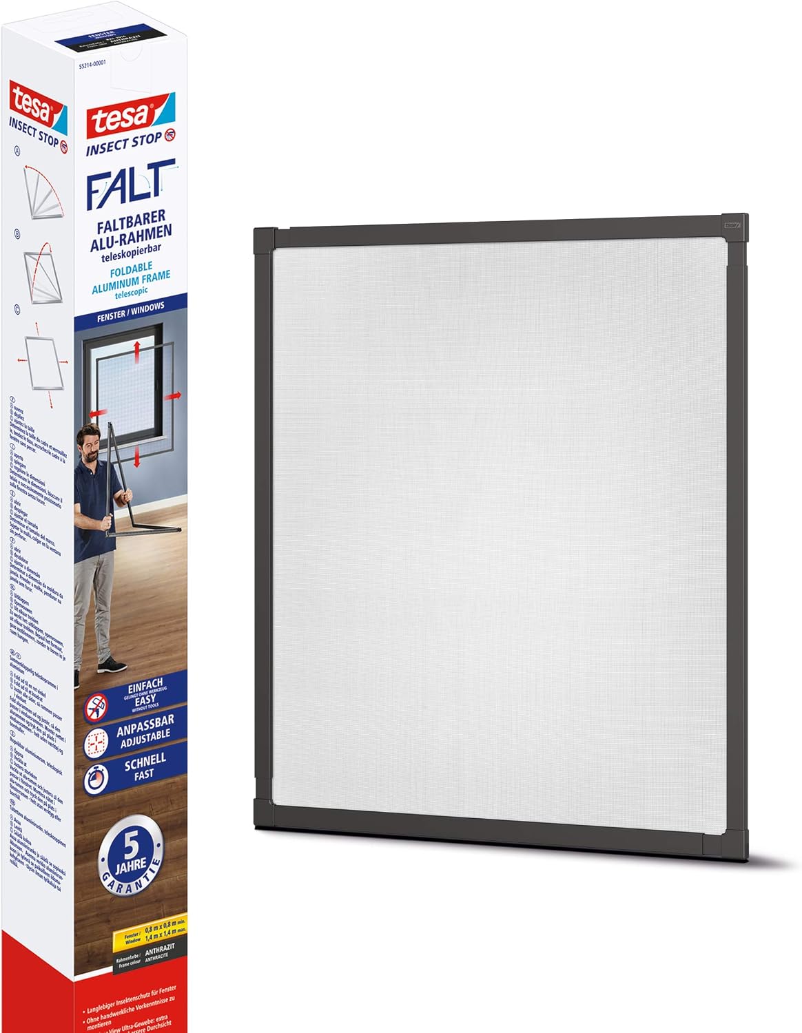tesa Insect Stop Cadre Pliable en Aluminium - Moustiquaire Télescopique pour Fenêtres avec Cadre en Aluminium - Anthracite - 80 cm x 80 cm jusqu'à 140 cm x 140 cm Cadre gris anthracite, 55214
