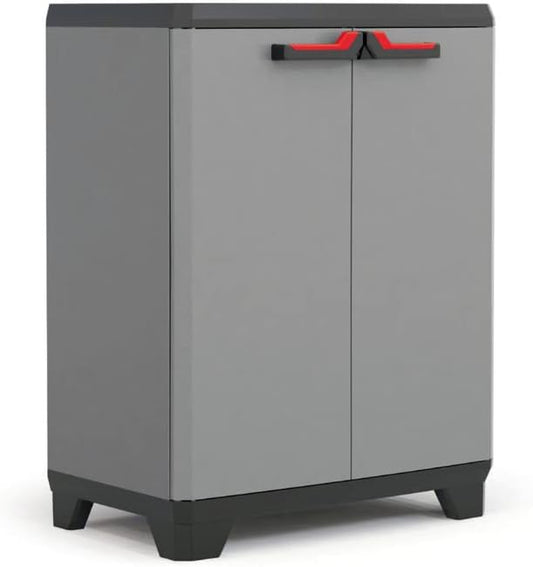 Keter Armoire Basse STILO - Armoire de Rangement Verrouillable - Étagère et Pieds Ajustables, Poignée Soft Touch - Cuisine, Garage, Atelier, Placard - 68 x 39 x 90 cm - Gris/Noir/Rouge