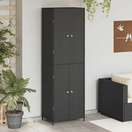 Armoire de jardin en polyrotin noir 59 x 40 x 180 cm avec espace de rangement et casier, résistante aux intempéries, avec poignées en bois d'acacia massif et cadre en acier revêtu par