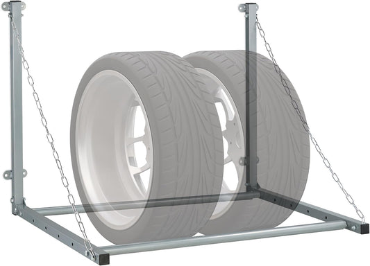 Relaxdays Étagère à pneus, télescopique, Support Mural pour 4 Roues, Rabattable, jusqu'à 90 kg, Porte-pneus, Acier, Gris
