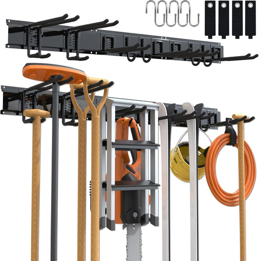 3-H Porte Outils Mural Jardin 120cm, Range Outils de Jardin en Acier Carbone avec 3 Rails & 10 Crochets de Garage Réglables & 4 Crochets S & 4 Sangles | Support Mural Modulable pour Ski Balai Râteau