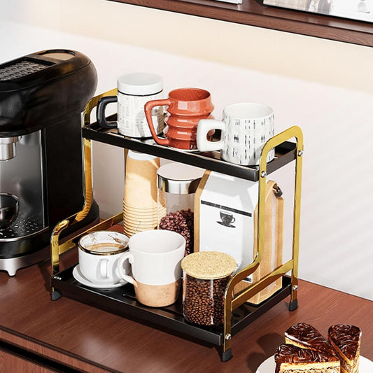 Rangeur De Comptoir 2 Étagères Métal, Étagère De Salle De Bain Et Cuisine, Organisateur Espace sous Lavabo pour Maquillage, Porte-Tasses Et Tasses Café, Rangement Bureau Solide(Black Gold)