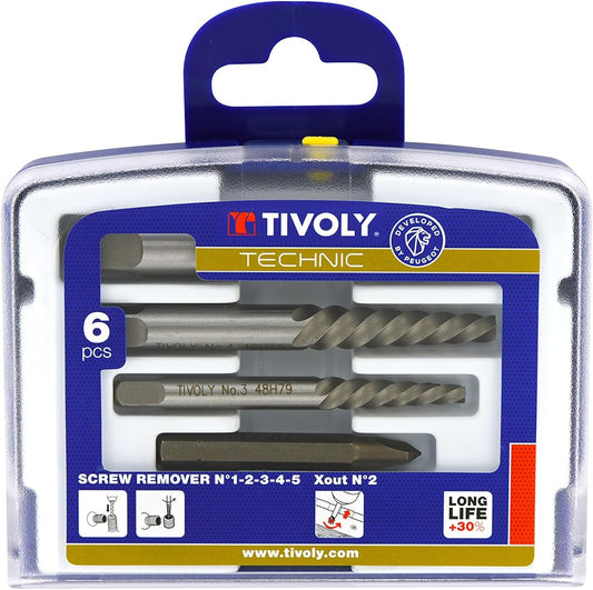 TIVOLY - Kit Extracteurs de Vis Cassée - 5 Extracteurs HCS : N1-N2-N3-N4-N5 + 1 X-Out N2 - Pour Extraction de Vis et Goujons M4 à M18