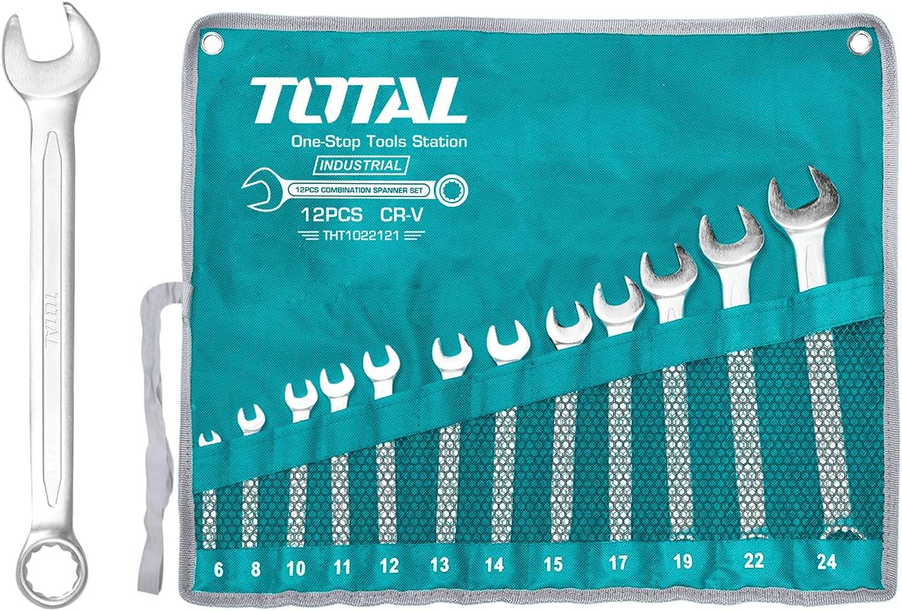 Total Tools - Sac avec 12 clés mixtes | Mesures de 6 à 24 mm | Clé fixe et clé coudée | Pour serrer ou desserrer les écrous et les vis à tête hexagonale | Fabriqué en Chrome Vanadium