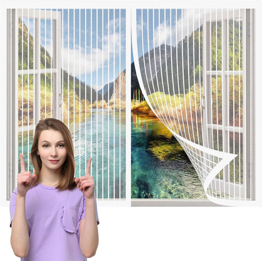 Window Mosquito Net 127 x 139 cm Magnetic Automatic Closing No Drilling for Home Windows, White